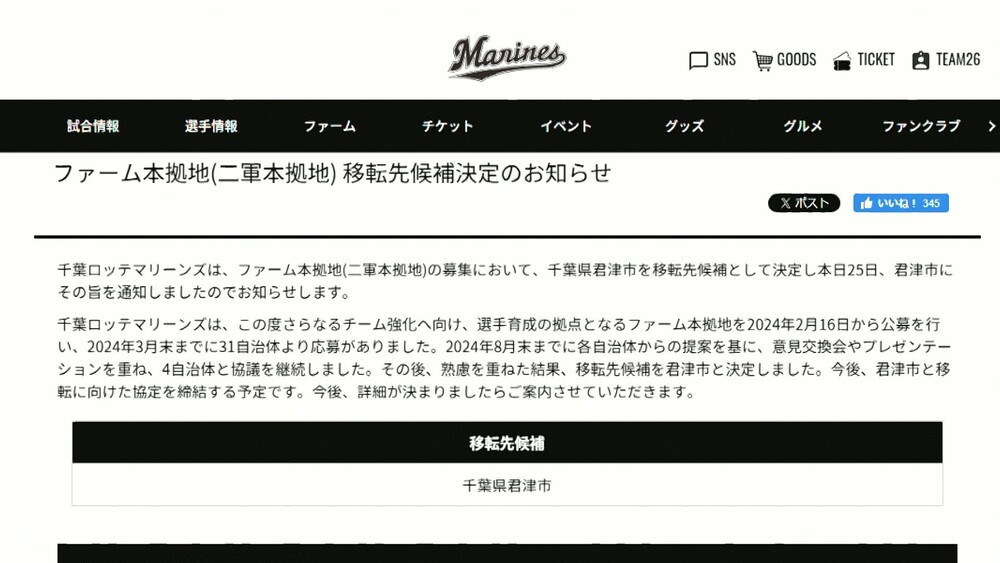 千葉ロッテマリーンズ２軍本拠地　君津市に移転へ